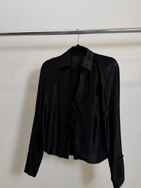 Black Satin Tie-Front Women's Blouse